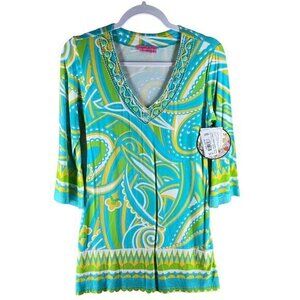 Joyous & Free Womens‎ Tops Size S Printed Beaded 3/4 Sleeve Tunic